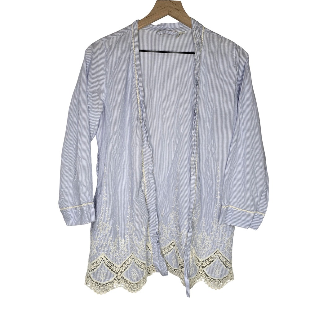 Soft Surroundings Kimono Cardigan‎ Women PS Blue White Cotton Lace Trim Coastal